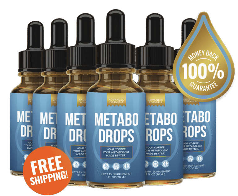 Six Metabo Drops supplement bottles